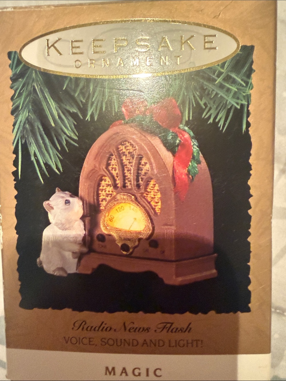 Hallmark Brown Radio Ornament with White Cat and Red Bow